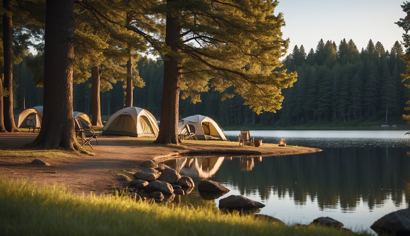 A serene campsite in Lloyd Park with tents pitched under tall trees, a crackling campfire, and a tranquil lake in the background