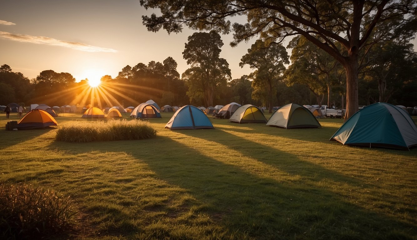 The sun sets over Lloyd Park, with tents pitched in designated camping areas. Signs display park regulations for campers