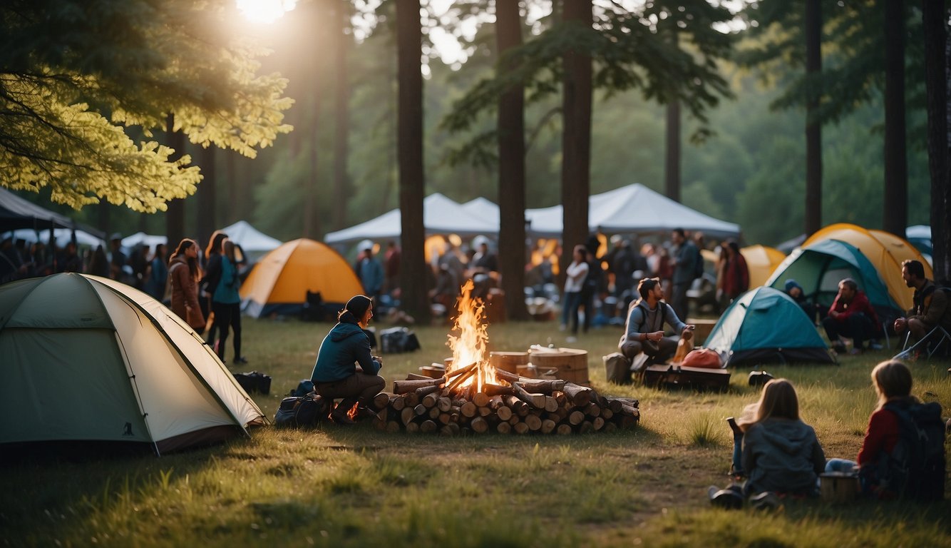 A campsite with tents, campfires, and people gathering around for activities in a forest clearing at Lloyd Park