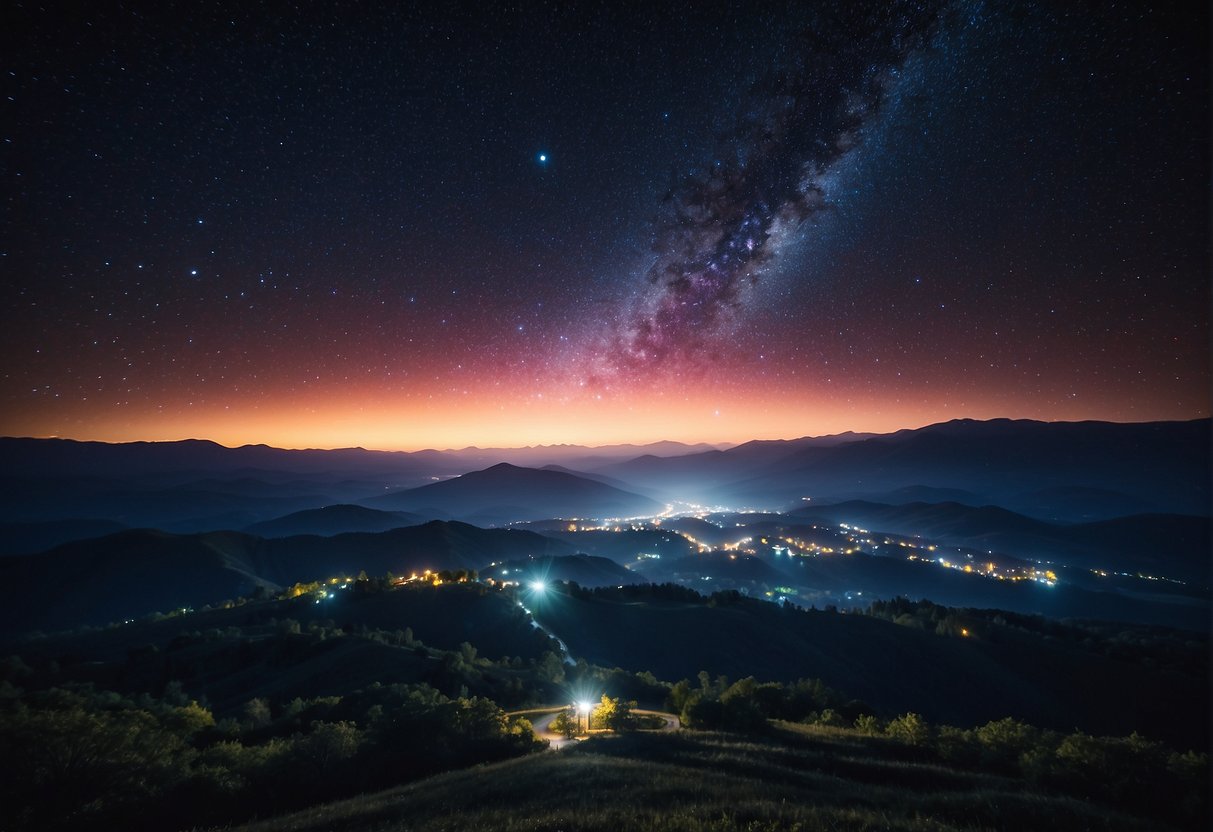 A night sky illuminated by colorful drone lights, creating a mesmerizing display of patterns and movements