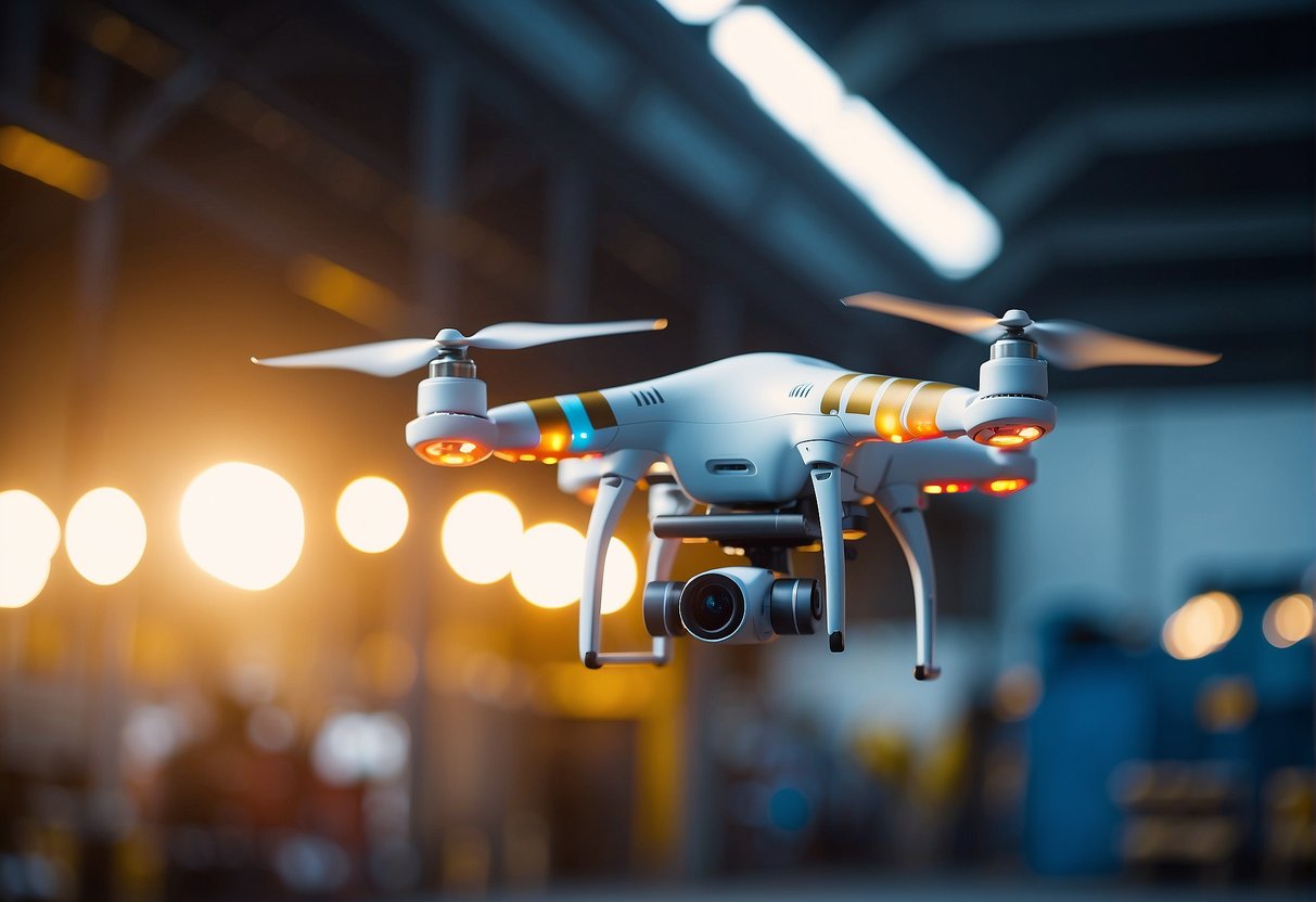A drone hovers over a factory, emitting bright, flashing lights to indicate regulatory compliance