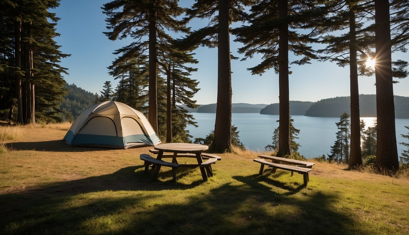A tent is pitched on a grassy campsite at Deception Pass State Park. A campfire burns nearby, and a picnic table is set up for outdoor dining. Tall trees and a clear blue sky complete the serene scene