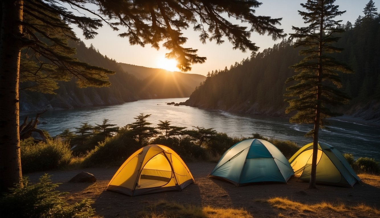 Sunset over Deception Pass State Park camping, with tents nestled among towering trees and a winding river flowing nearby