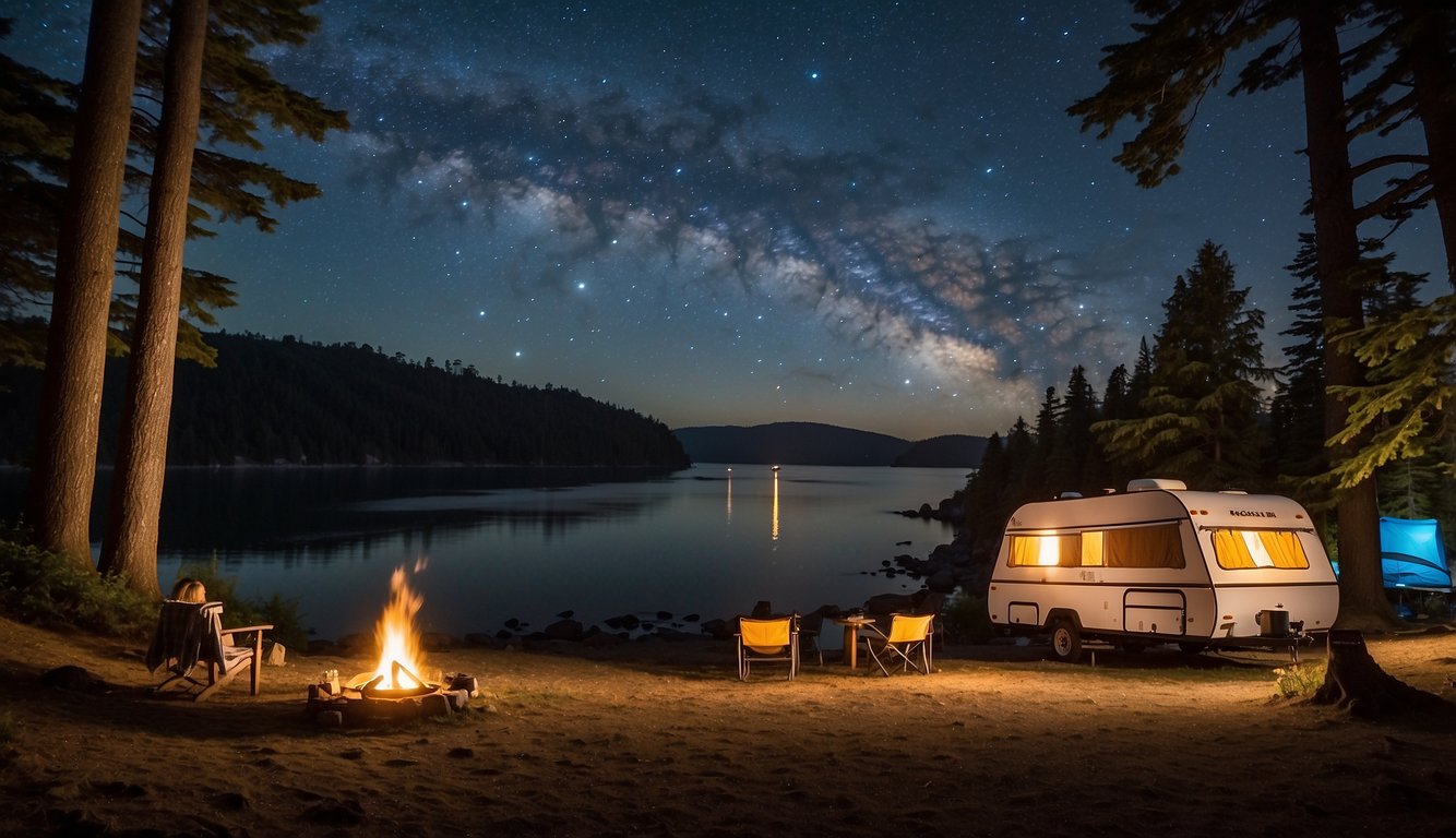 A serene campground nestled among towering trees and overlooking the crystal-clear waters of Deception Pass. Tents and RVs dot the landscape, with families and friends gathered around crackling campfires under the starry night sky