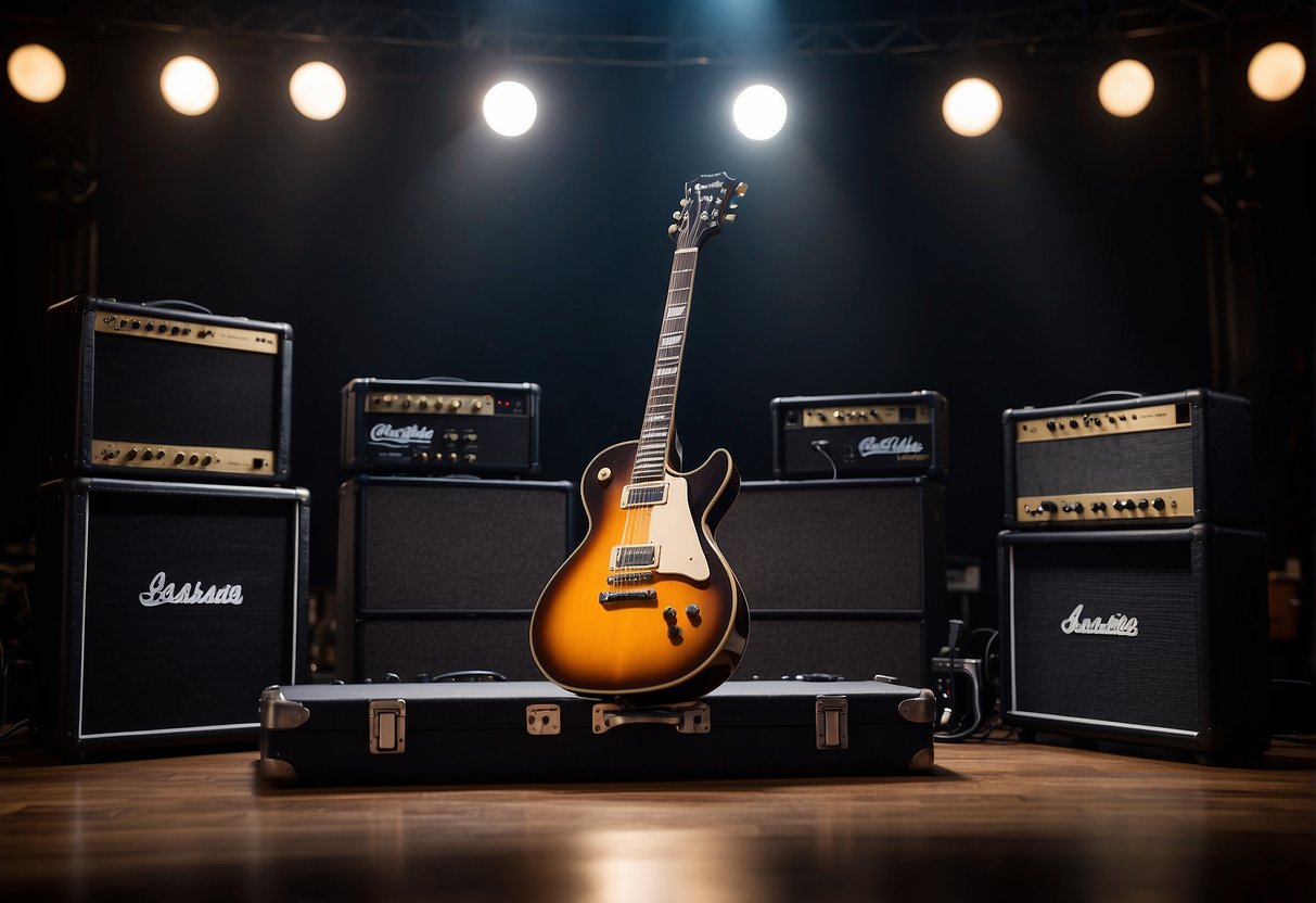 A guitar resting on a stage, surrounded by amplifiers and musical equipment, with a spotlight shining down on it