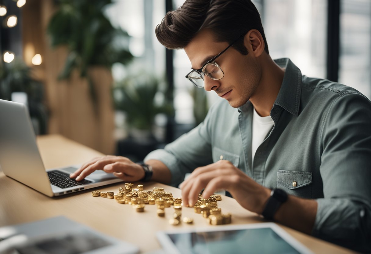 A person browsing Mintbuilder's website, selecting gold and silver products, with a satisfied expression