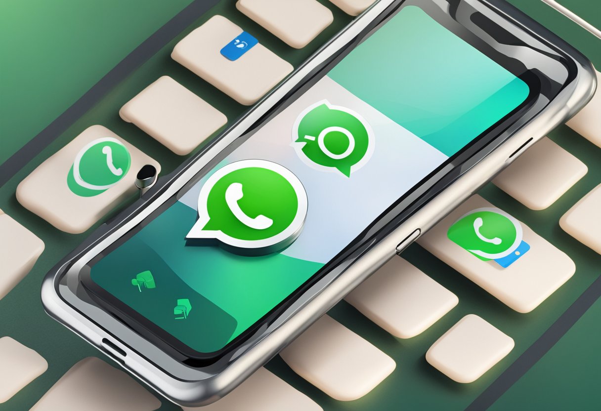 A phone with the WhatsApp logo on the screen, showing the "Transferir para o IOS" option. The Android phone and iPhone are placed next to each other, with a connection symbol between them