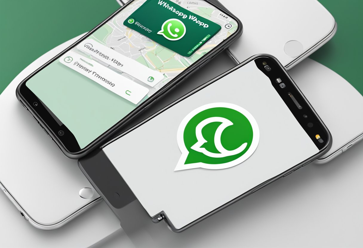 A smartphone with the WhatsApp logo on the screen, an Android phone on the left and an iPhone on the right, with an arrow moving from the Android to the iPhone, representing the transfer process