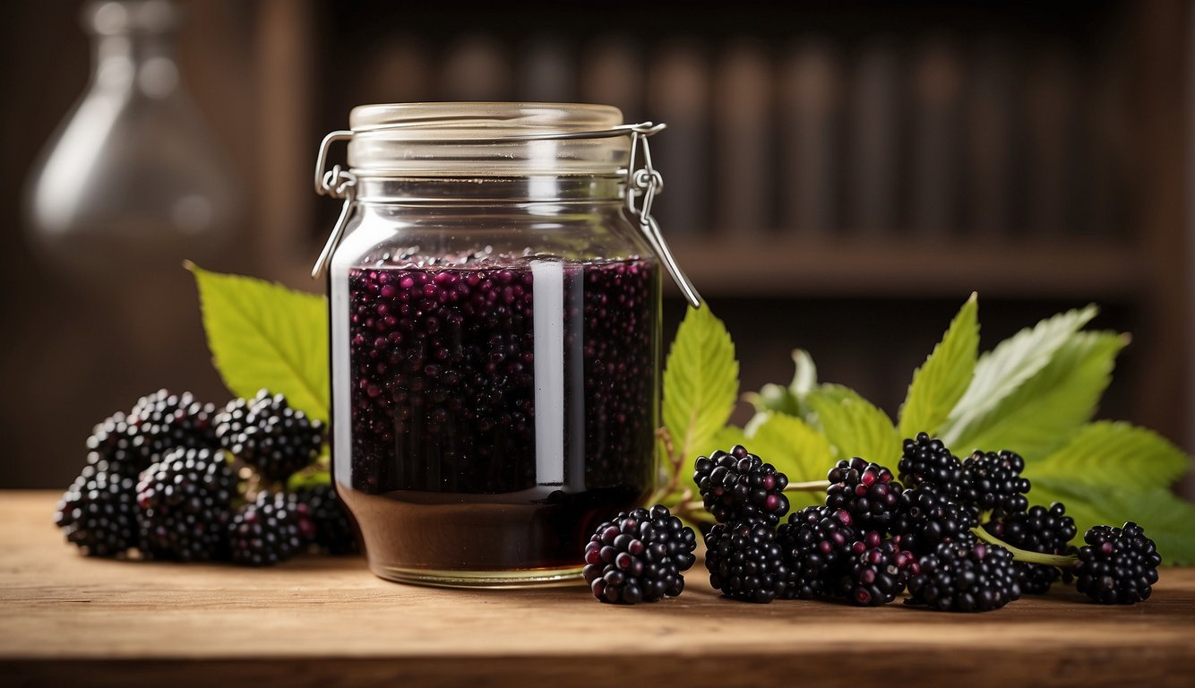 A glass jar filled with elderberries, alcohol, and honey sits on a wooden shelf, labeled "Elderberry Tincture." A small funnel and strainer are nearby