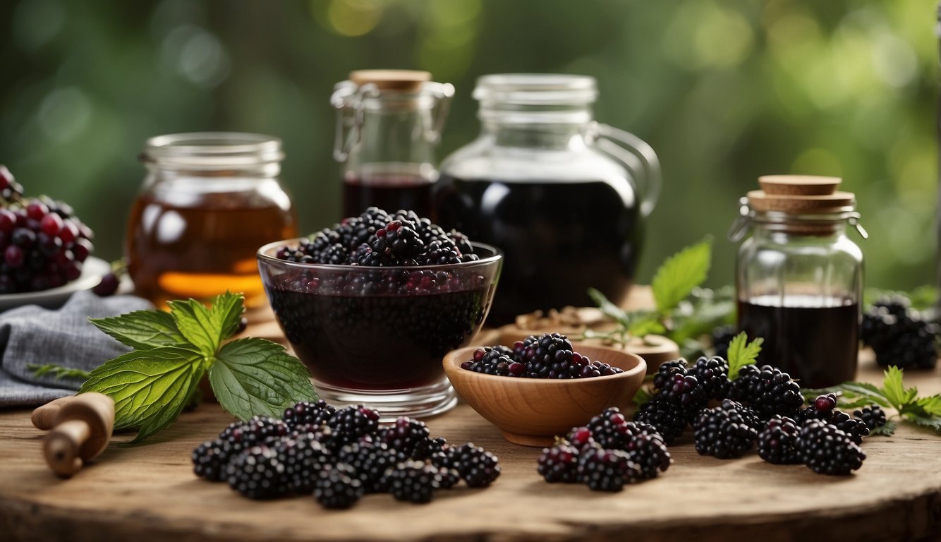 A table with various ingredients and tools for making elderberry tincture, including elderberries, alcohol, jars, and measuring spoons