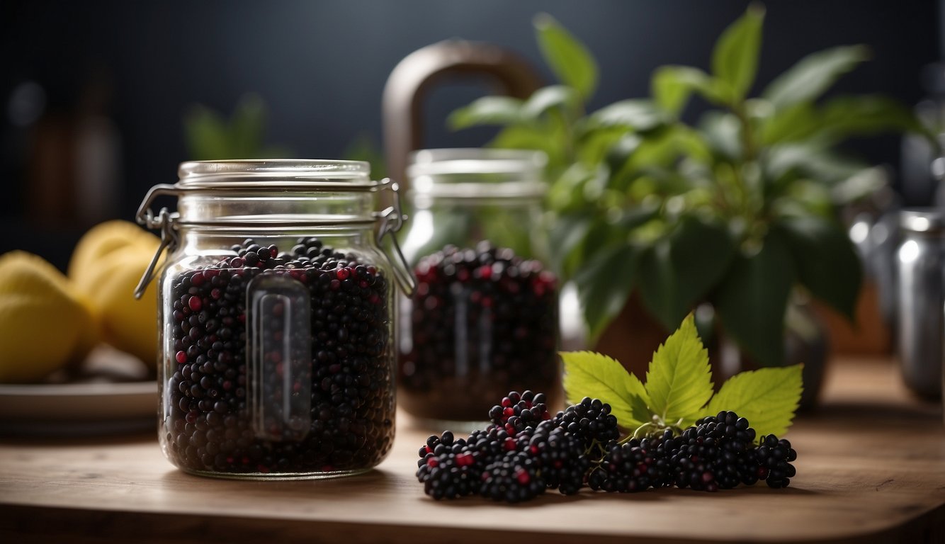 A clear glass jar filled with fresh elderberries, being crushed and mixed with alcohol in a dimly lit kitchen