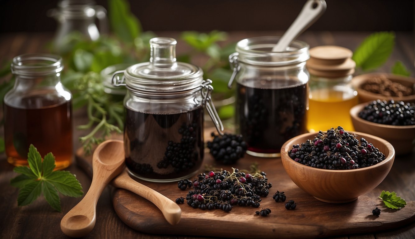 A table with various ingredients and tools for making elderberry tincture, including dried elderberries, alcohol, a glass jar, and a measuring spoon