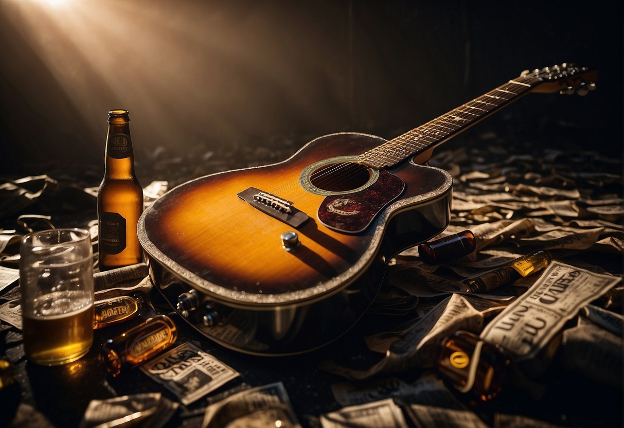 A guitar lies abandoned on a dimly lit stage, surrounded by discarded beer bottles and torn concert posters. The air is heavy with the raw energy of a grunge concert