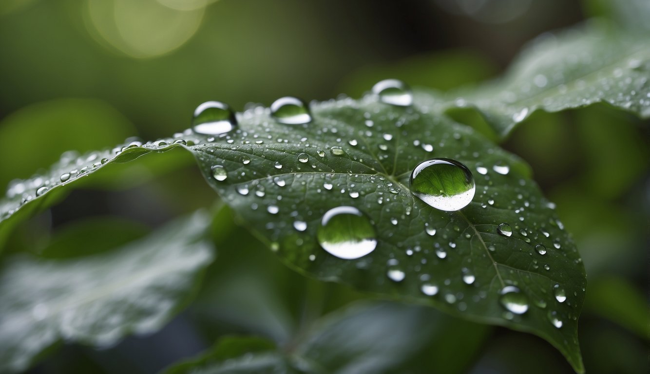 Two raindrops merge on a leaf, reflecting the surrounding nature in their translucent surface