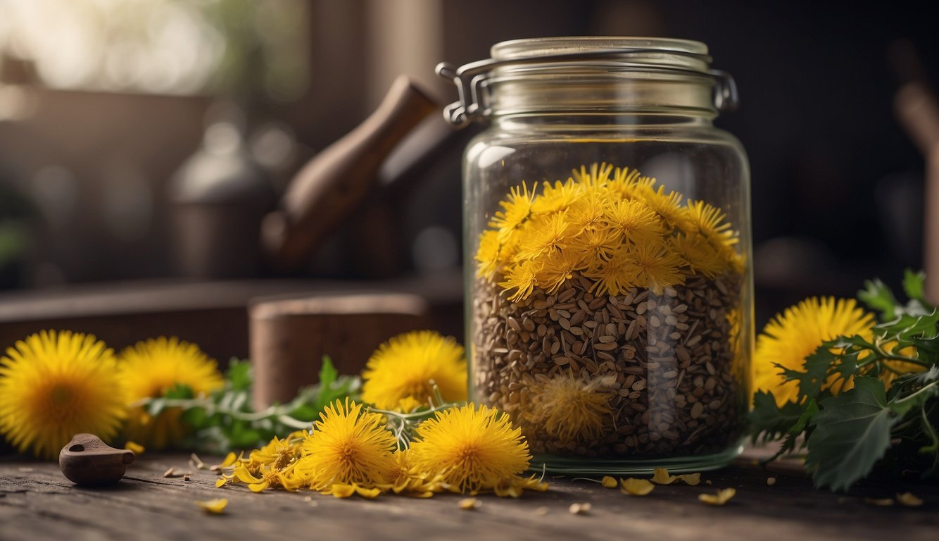 A mortar and pestle grind dandelion roots. A glass jar fills with the crushed roots and alcohol. The mixture steeps for several weeks