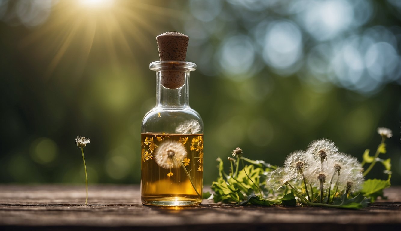 A glass dropper releases dandelion root tincture into a clear bottle, surrounded by fresh dandelion flowers and leaves