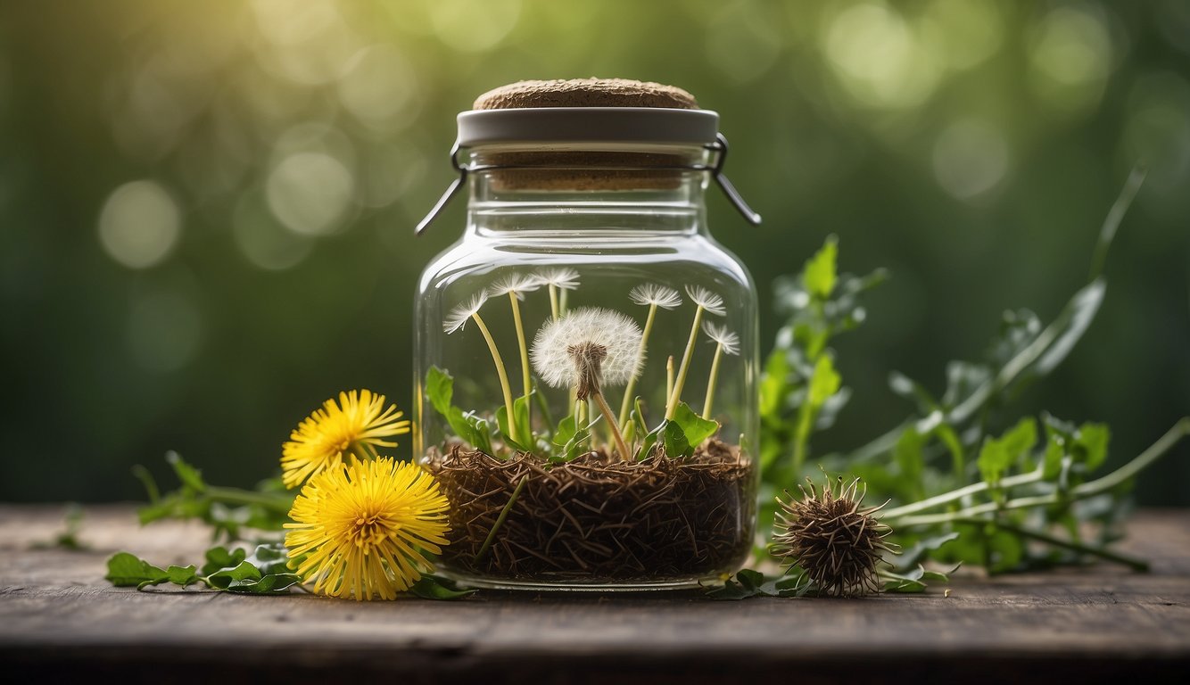 Dandelion roots and leaves in a glass jar, surrounded by fresh dandelion flowers and greenery. A dropper filled with tincture hovers above the jar