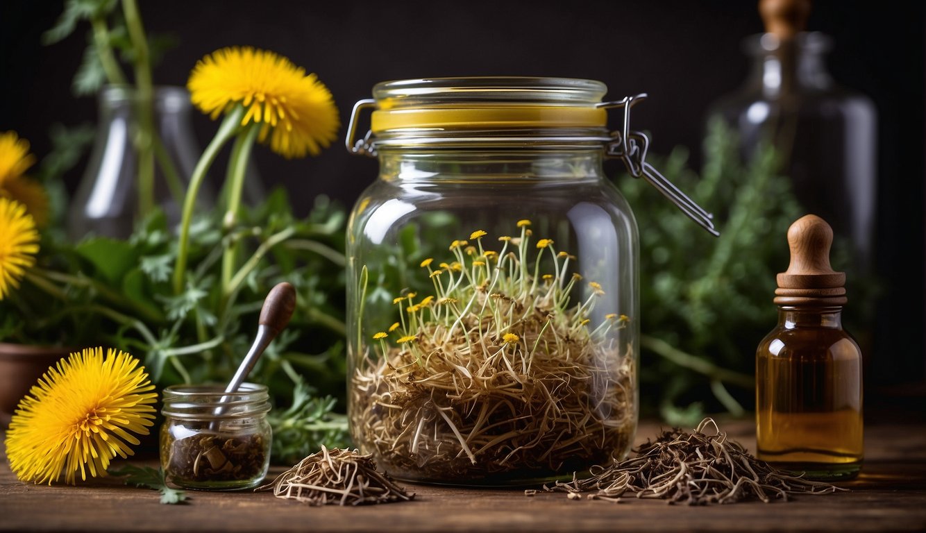 A glass jar filled with dandelion roots soaking in alcohol, labeled "dandelion root tincture." Surrounding herbs and tools for extraction