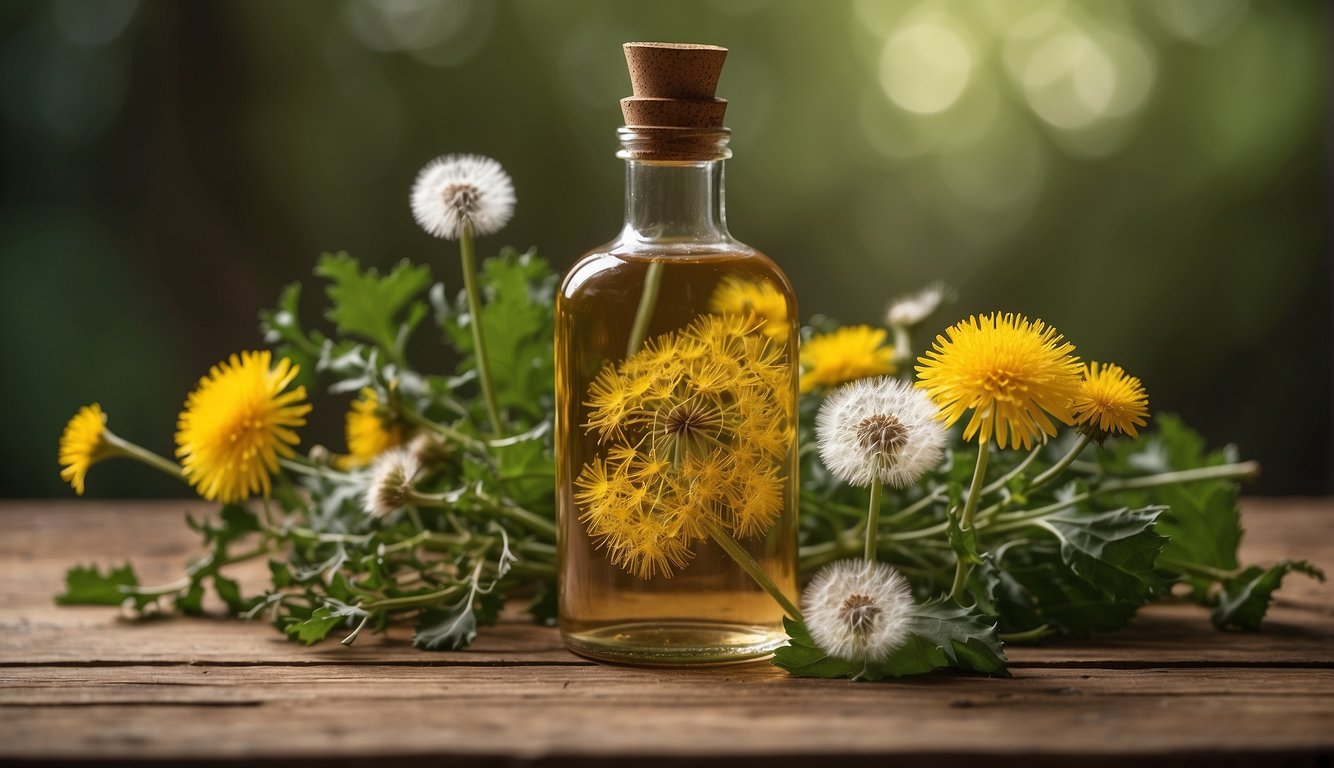 A dandelion root tincture bottle with a label surrounded by fresh dandelion flowers and leaves, placed on a wooden surface