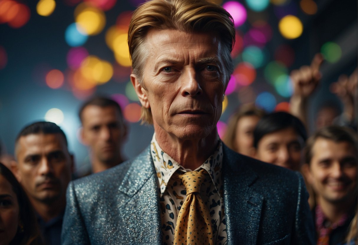 David Bowie rises above a crowd, surrounded by vibrant colors and bold patterns, exuding an aura of creativity and innovation