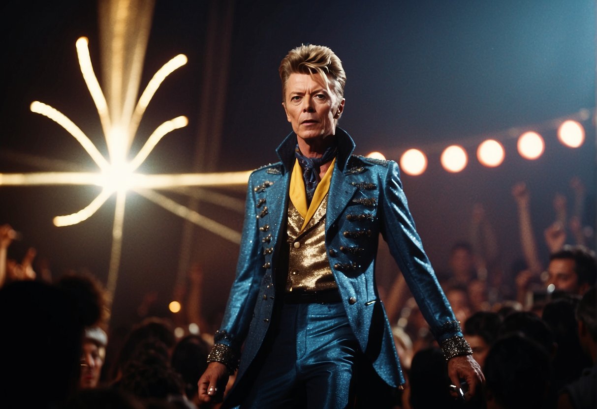 David Bowie's iconic lightning bolt symbolizes his impact on music and fashion, with a vibrant and dynamic stage presence