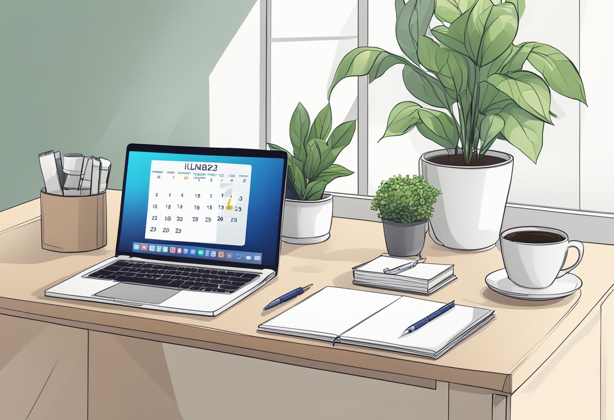 A desk with a laptop, notebook, and pen. A calendar with marked dates. Coffee cup and plant on the side. Bright, organized space