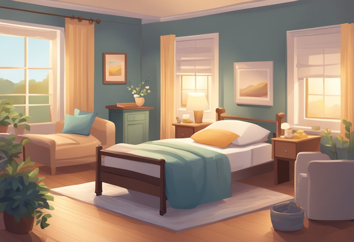 A peaceful hospice room with a cozy bed, soft lighting, and comforting decor. A gentle caregiver sits nearby, offering support and compassion