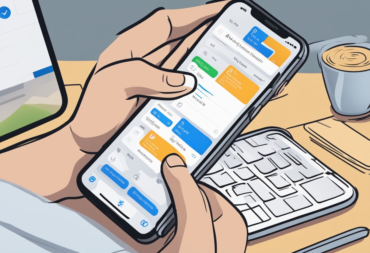 A hand holding an iPhone with the Outlook app open. The screen displays the settings menu, with the option to set up automatic replies highlighted