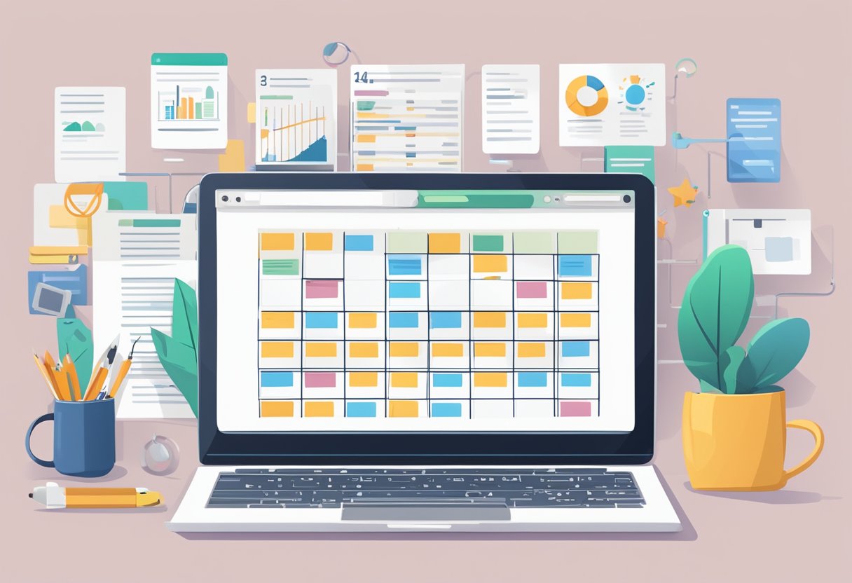 A laptop displaying a blog editing interface, surrounded by various topic notes and research materials. A calendar with scheduled blog posts and a pricing chart for custom content creation