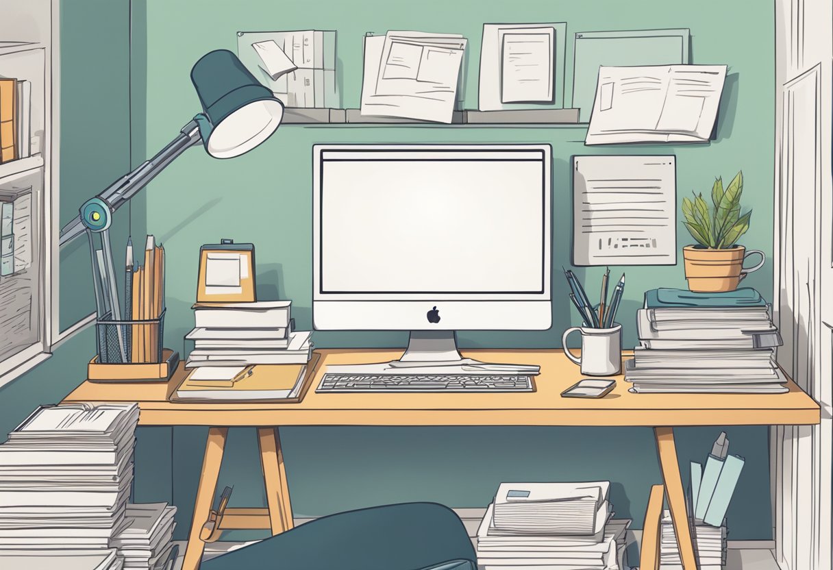 A computer with a blank screen, surrounded by various writing tools and a stack of papers, sits on a desk in a cozy office space