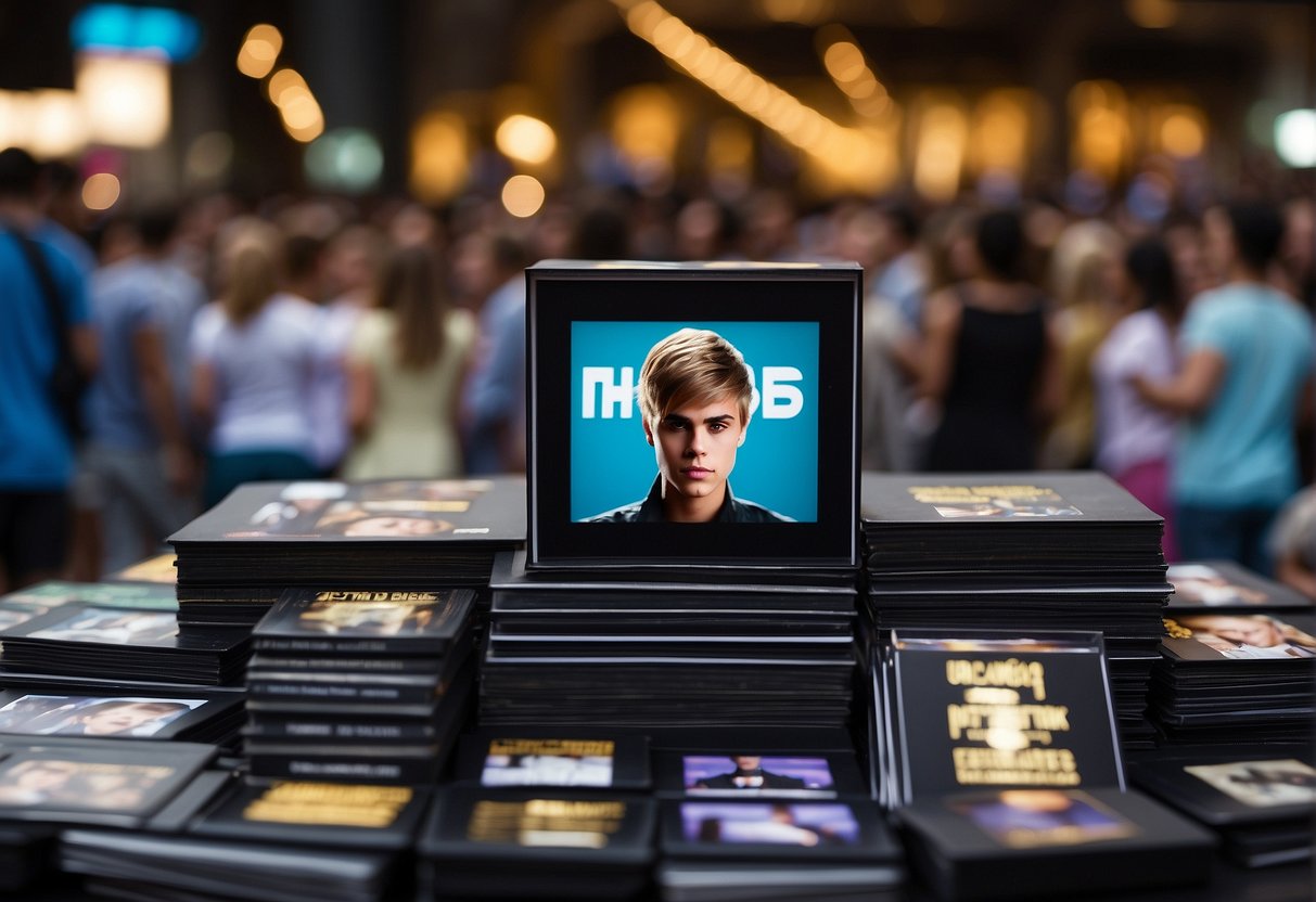 Justin Bieber's hit albums and singles displayed on a pedestal, surrounded by a crowd of adoring fans
