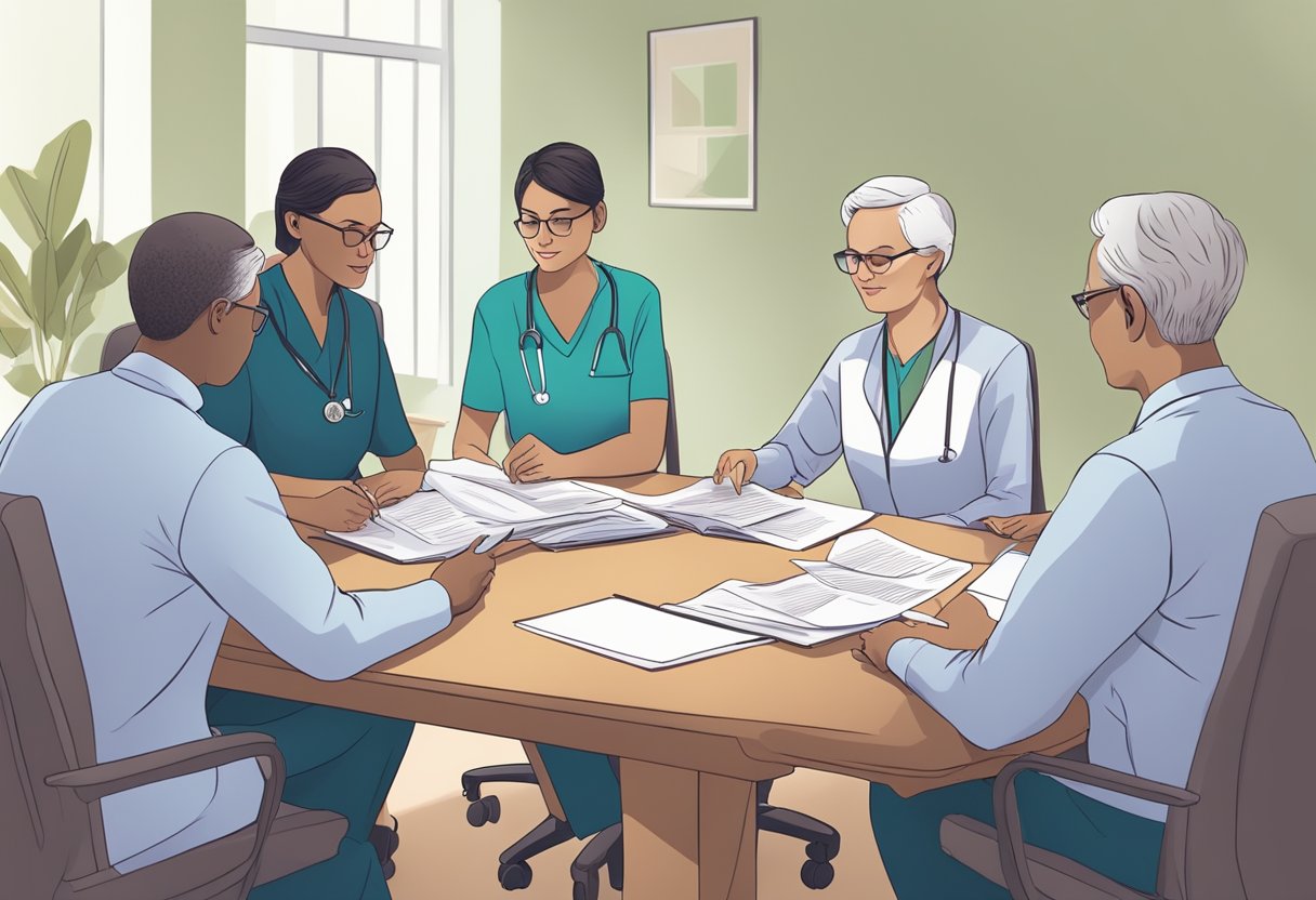 A group of professionals discussing legal and ethical considerations in a hospice setting, with documents and guidelines spread out on a table