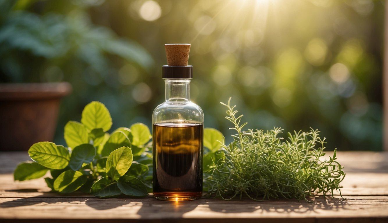A serene garden with vibrant herbs and plants, a bottle of soul drops placed on a wooden table, with sunlight streaming through the leaves