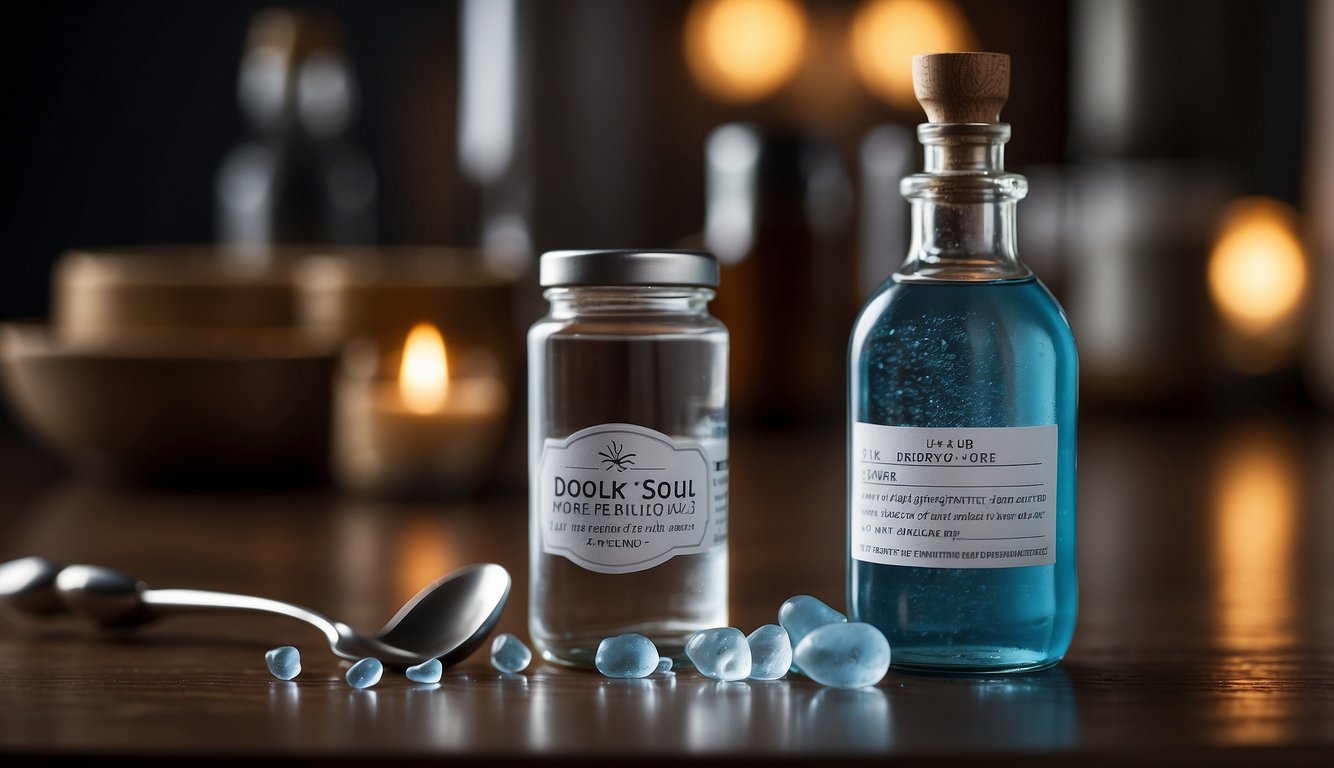 A bottle of Soul Drops with dosage instructions on a label, next to a measuring spoon and a glass of water