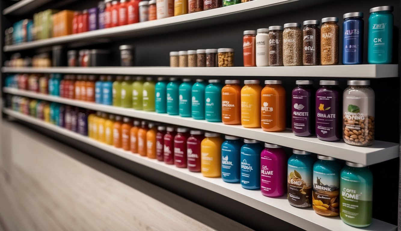 A colorful array of product options, including different sizes and flavors, are displayed on a clean, modern shelf. The packaging features a sleek, minimalist design with the brand name prominently displayed