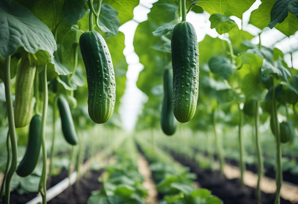 Greenhouse cucumbers thrive under careful maintenance and growth management. Lush vines climb trellises, while ripe cucumbers hang from the plants