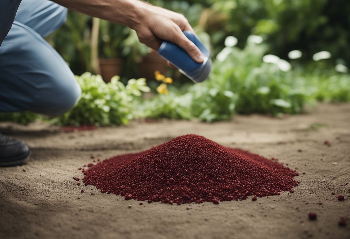 Blood meal spills on the floor, attracting pests. A bag of blood meal sits unopened, while a frustrated gardener looks on