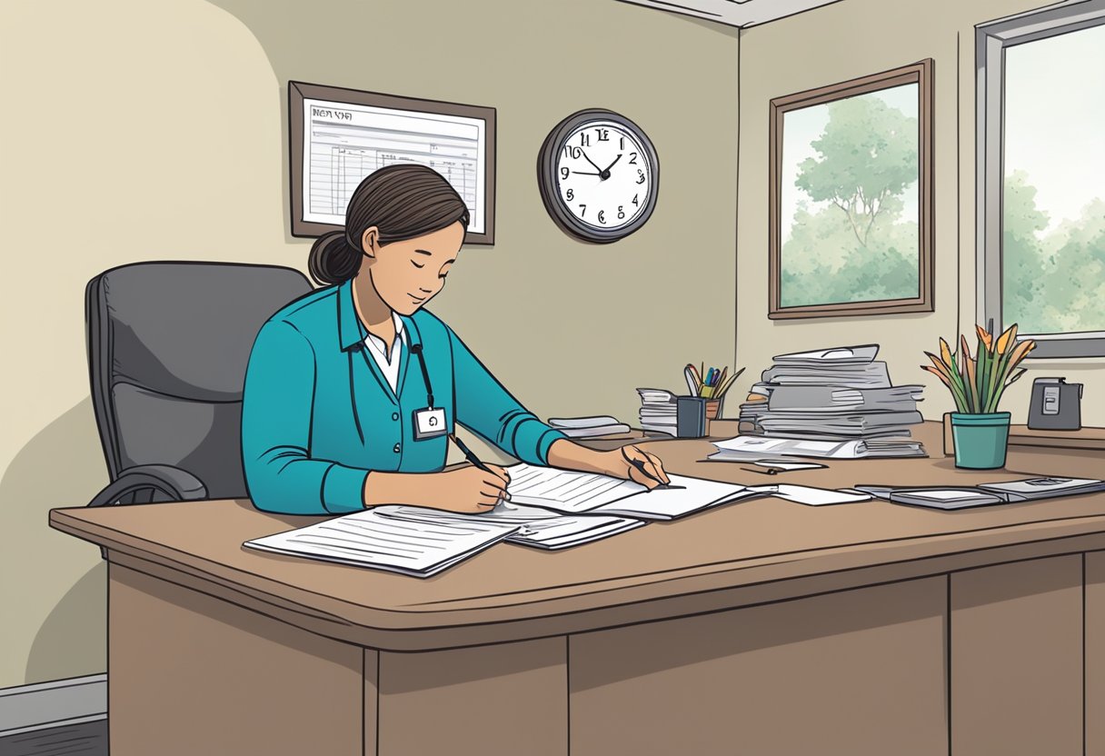 A person sitting at a desk, filling out forms with a pen. A folder labeled "Hospice Advance Directives" is open on the desk. A clock on the wall shows the time