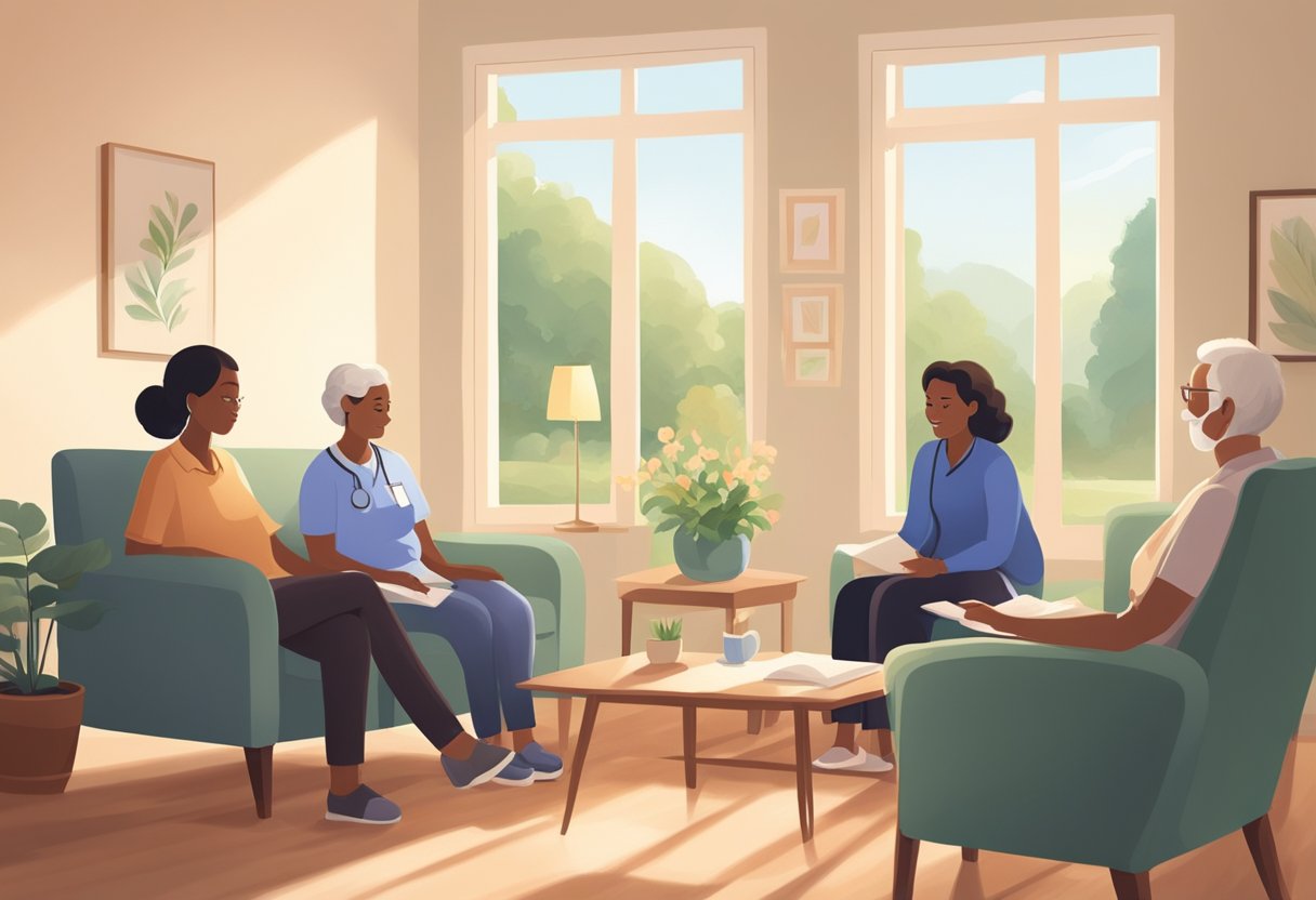 A hospice nurse explaining advance directives to a family in a peaceful, sunlit room with comfortable seating and a calming atmosphere