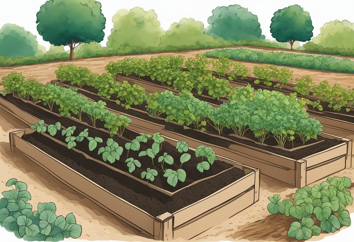 A 4'x4' raised bed filled with soil. Multiple potato plants are evenly spaced and planted in rows across the bed