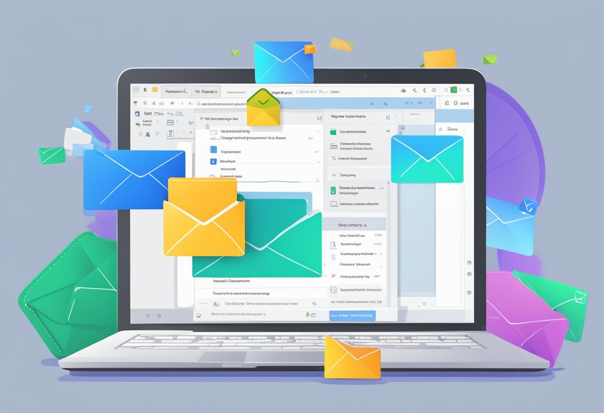 An open laptop with Outlook open, folders labeled for efficient email management, and a pop-up window with settings preventing deletion of old emails