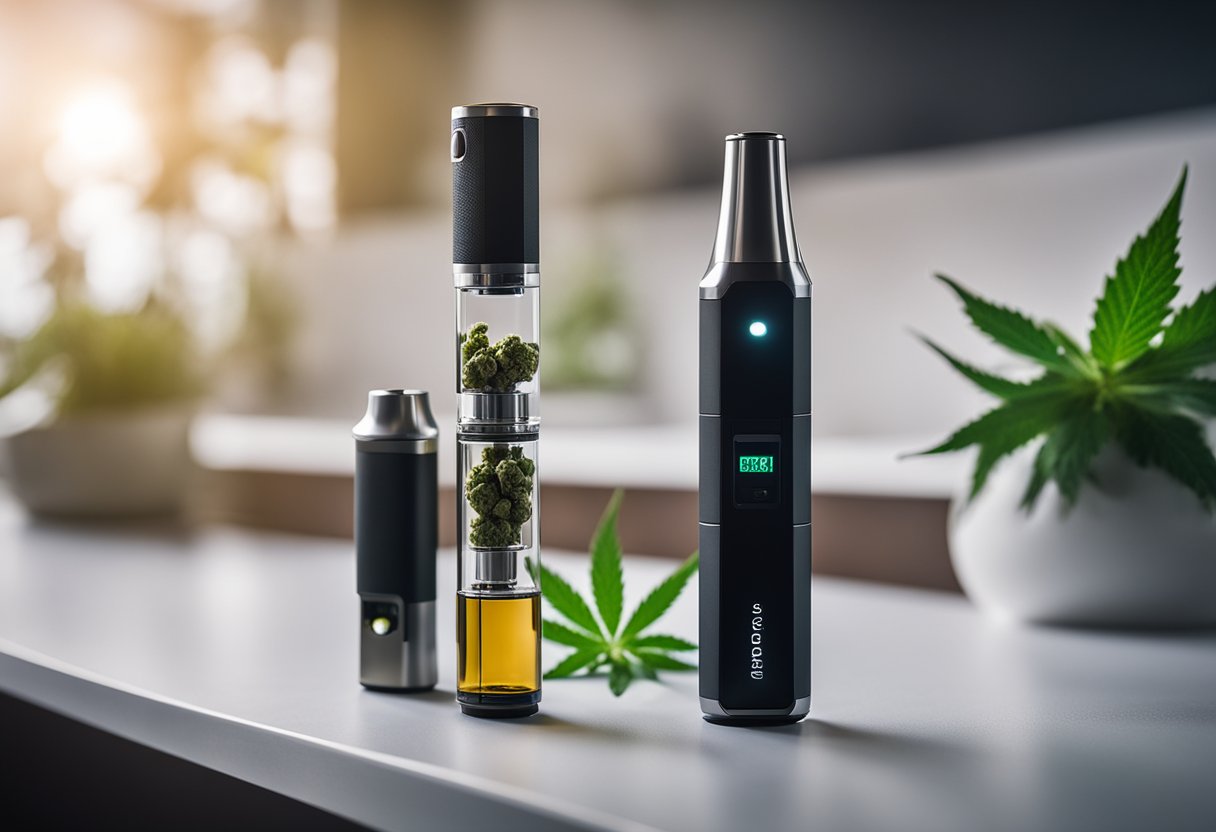 Two types of cannabis vapes sit side by side on a clean, modern tabletop. One is small and discreet, labeled "portable," while the other is larger and labeled "disposable."