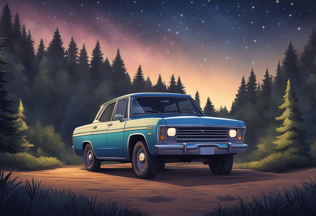 A car parked in a secluded spot, surrounded by tall trees and a peaceful, starry sky above