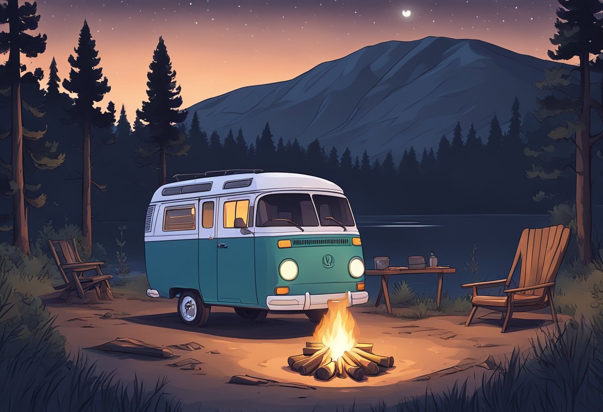 A vehicle parked in a secluded spot surrounded by trees and a clear night sky, with a small campfire burning nearby