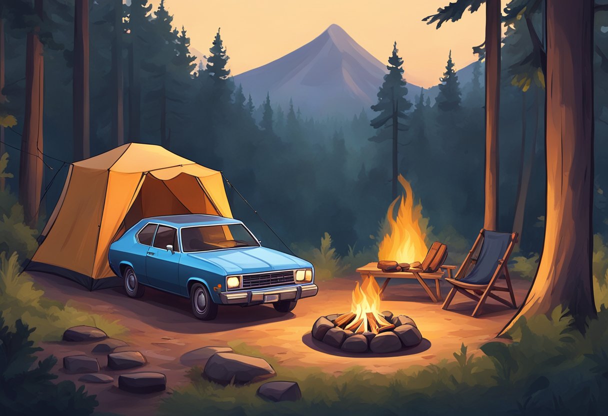 A car parked in a secluded spot in the woods, with a tent set up nearby and a campfire ready to be lit