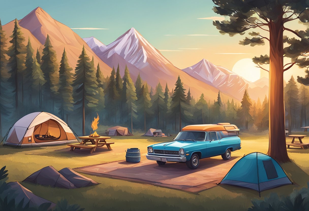 A car parked at a campsite with a tent, picnic table, and fire pit surrounded by trees and mountains