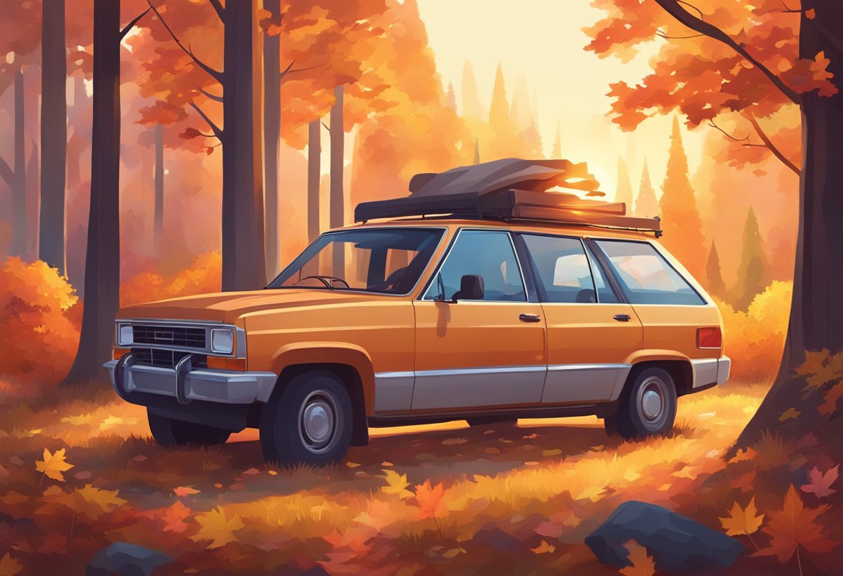 A car parked in a secluded forest clearing, surrounded by colorful autumn foliage and a small campfire. The sun is setting, casting a warm glow over the scene