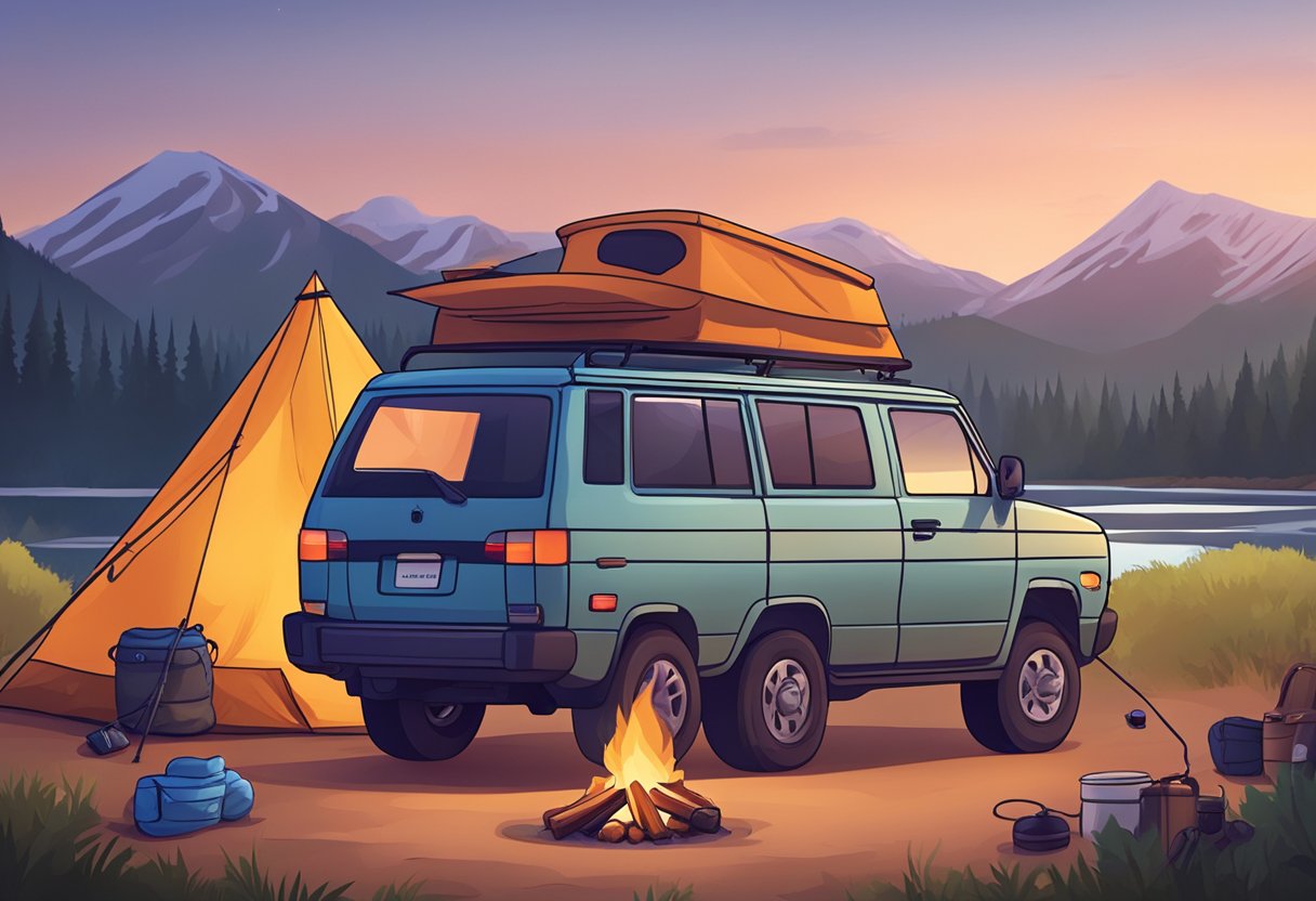 A car parked in a designated camping spot with a clear view of the surrounding nature, a campfire burning, and camping gear neatly organized outside the vehicle