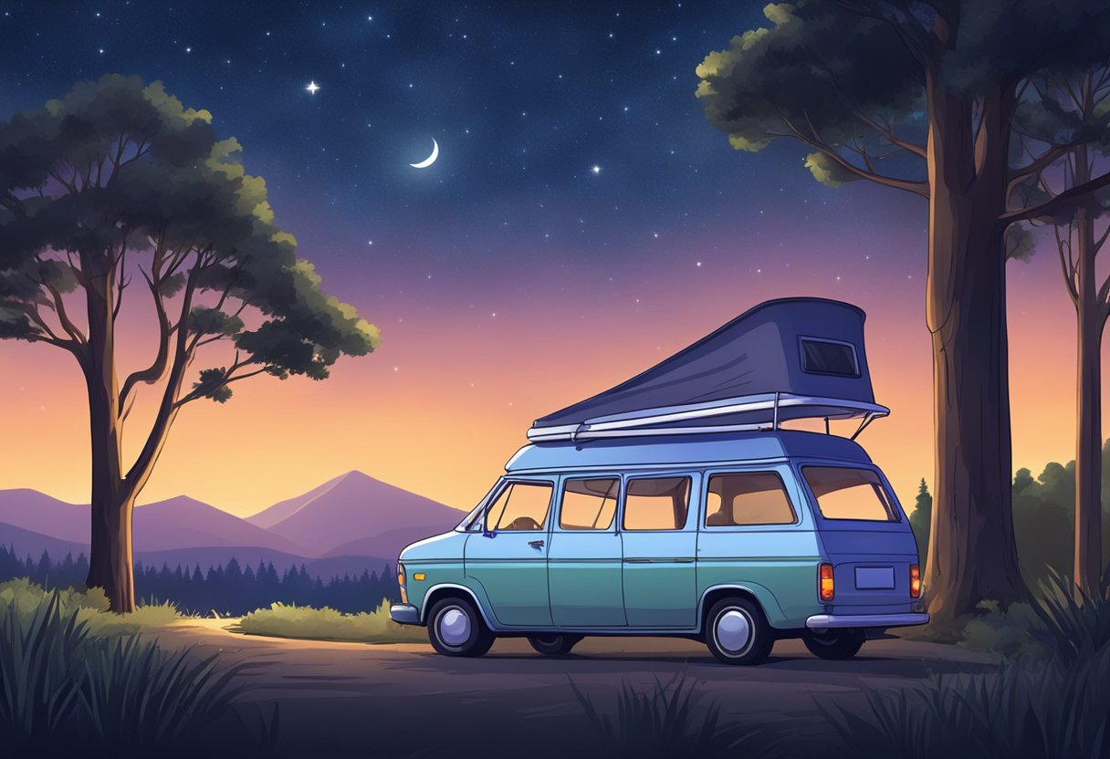 A car parked in a serene spot with trees and a clear night sky, indicating a popular spot for car camping