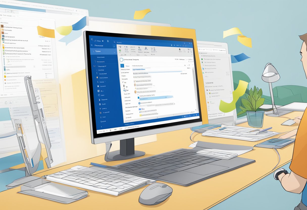 The user drags the ribbon interface in Outlook to reposition it on the screen. The customization options are visible as the ribbon moves